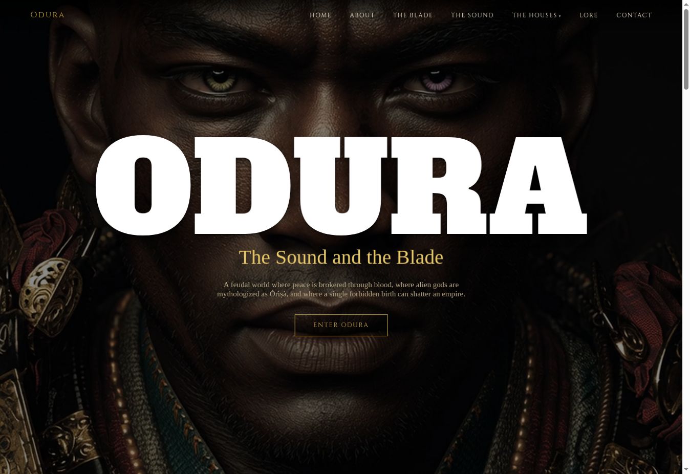 The Sound and The Blade website homepage with cinematic character imagery