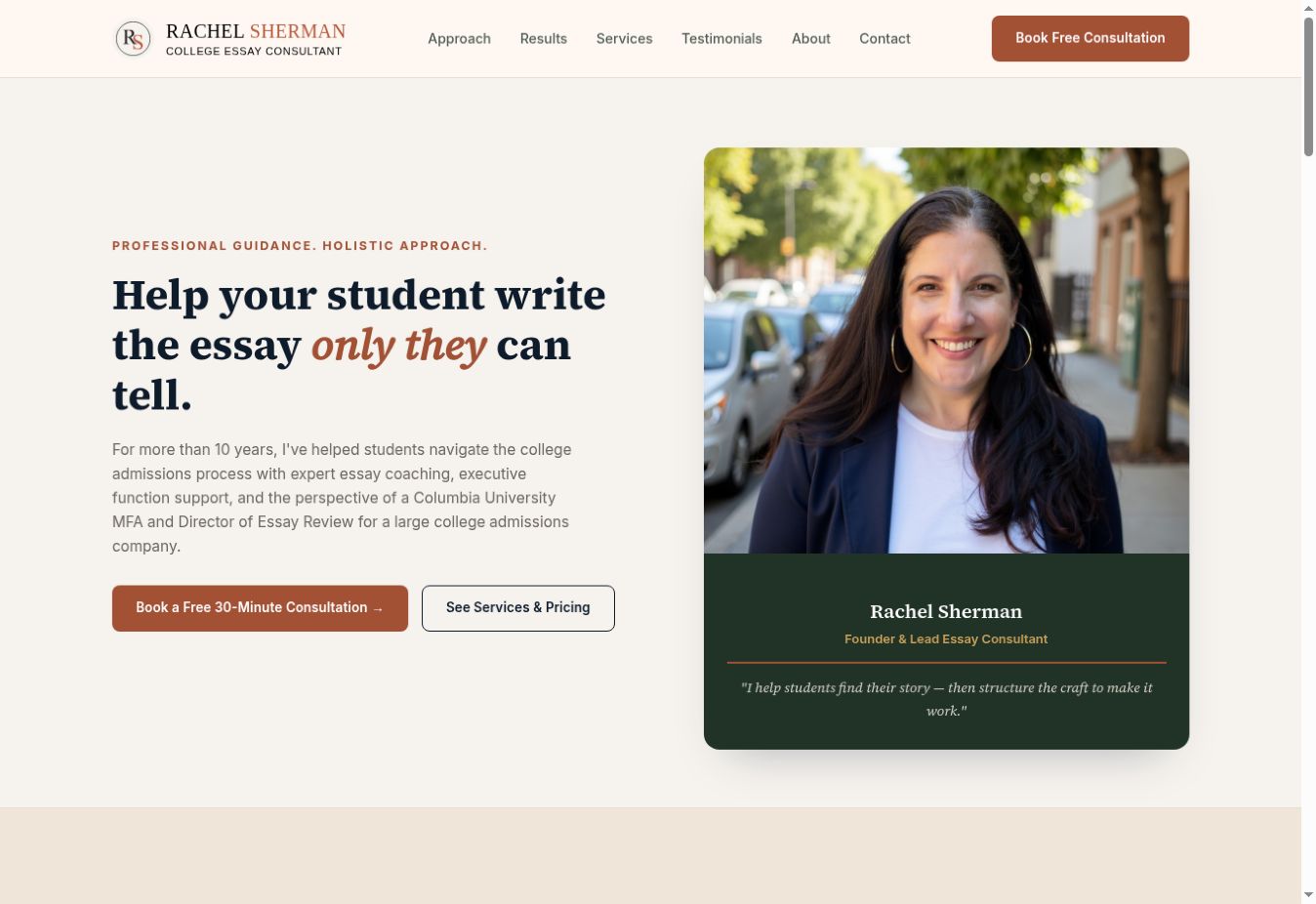 Rachel Sherman website homepage with editorial typography and a portrait of Rachel