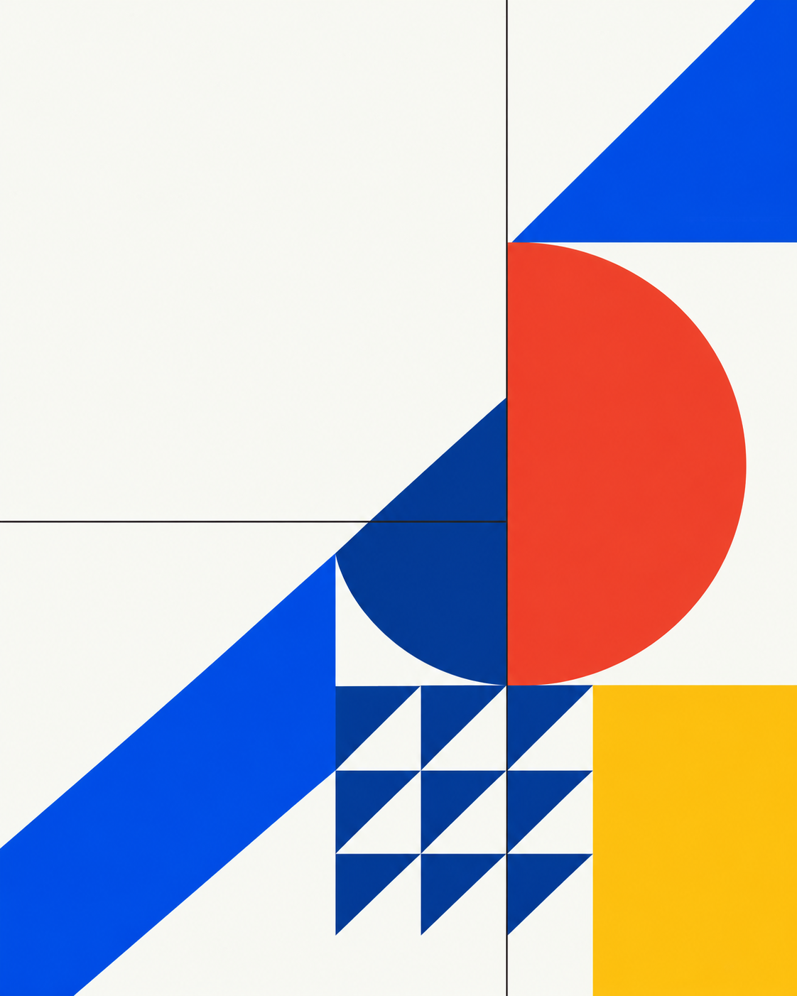 Swiss-inspired geometric composition in Orishi’s Vision blue, red, yellow, and cream